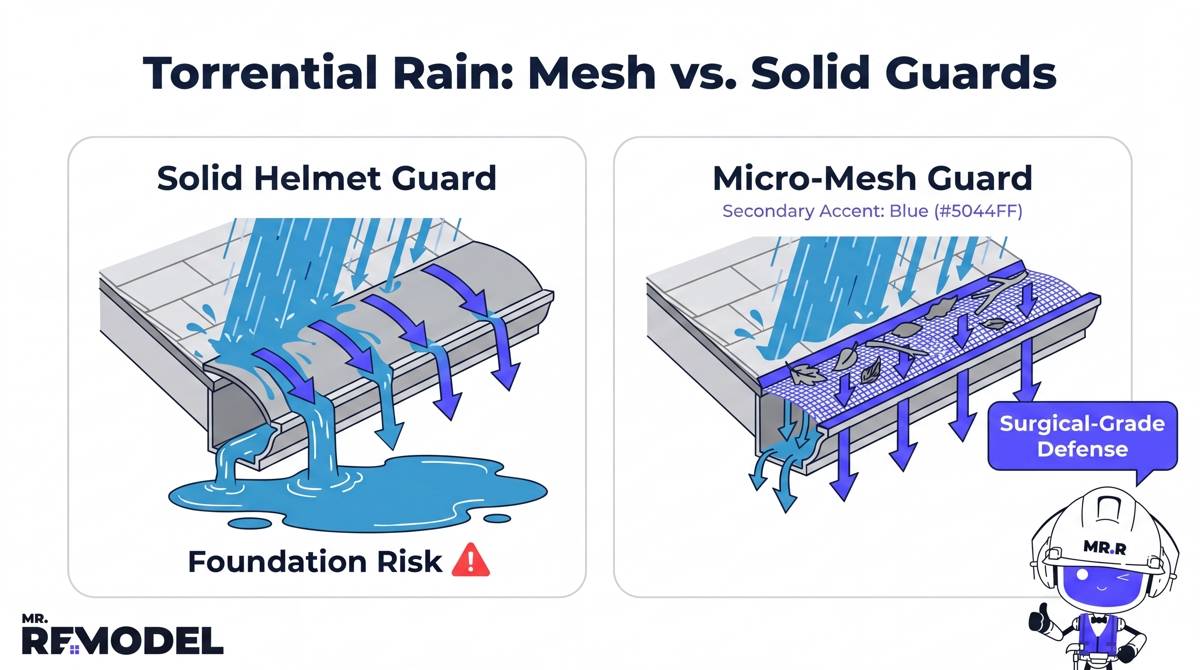 A performance comparison showing how micro-mesh guards capture high-volume rain while solid helmet-style guards can cause foundation-damaging water overshoot.